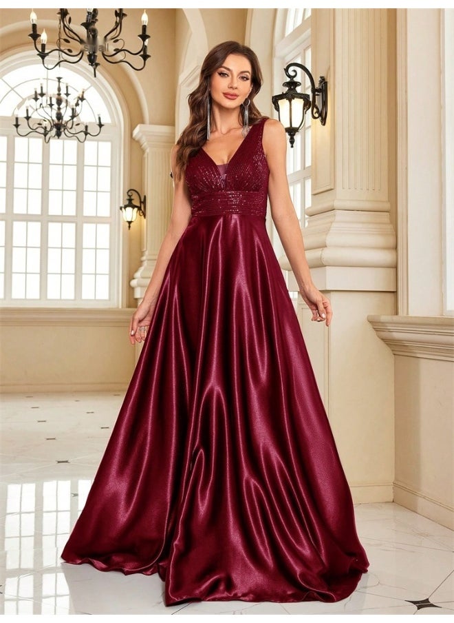 Madam Uniq - New Deep Red Deep V Sequin Backless Mermaid Dress - Image 1