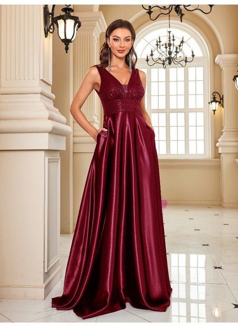 New Deep Red Deep V Sequin Backless Mermaid Dress