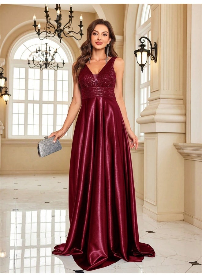 Madam Uniq - New Deep Red Deep V Sequin Backless Mermaid Dress - Image 1