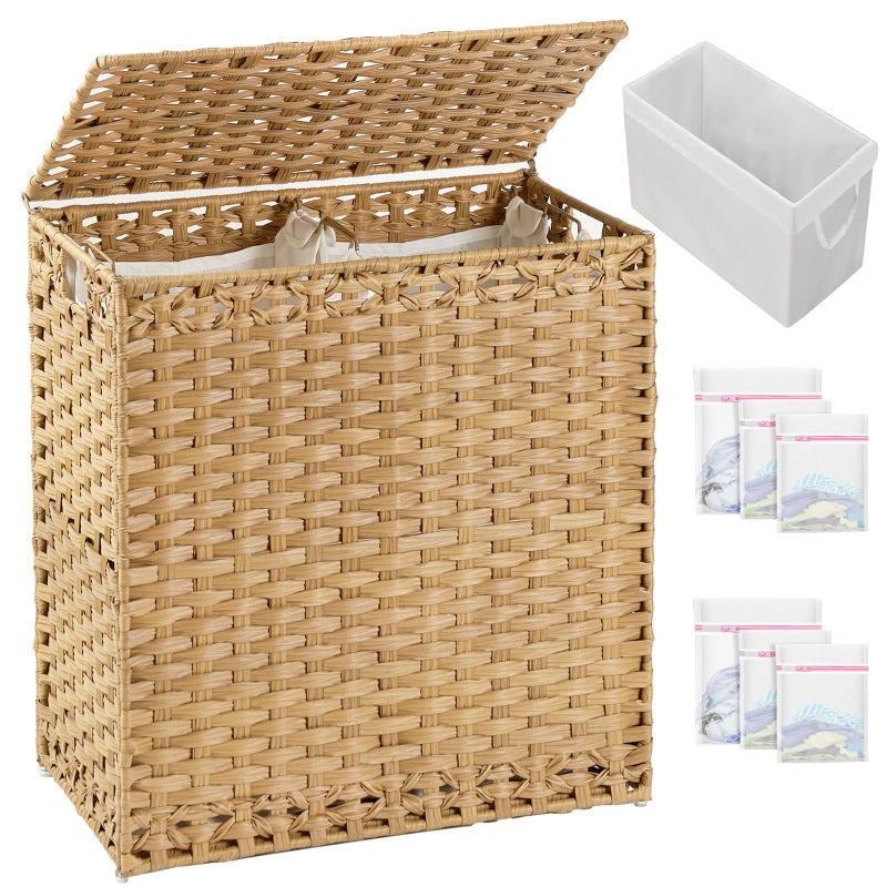 SETVSON Laundry Hamper with Lid Wicker Laundry Basket 112 L (29.6 Gal) Laundry Hampers Handwoven Rattan Clothes Hamper with Handles 3 Removable Liner Bag, 6 Mesh Bags for Bathroom Bedroom Natural - Image 1