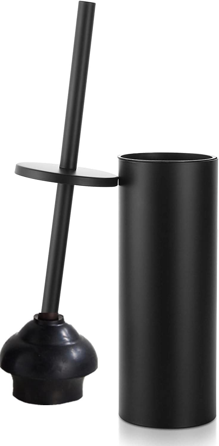 Gecious Black Toilet Plunger with Holder Bathroom Metal Canister Holder Drip Cup Heavy Duty Deep Cleaning - Image 1