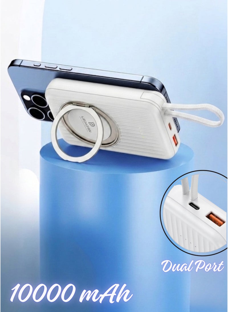 LEDASON بنك طاقة MagSafe بسعة 10000 مللي أمبير مع حامل | شحن لاسلكي سريع بقوة 22.5 واط، منفذ USB-C، بطارية مغناطيسية - متوافق مع أجهزة iPhone 16-12 وSamsung S25-S23 وغيرها | أبيض - Image 1