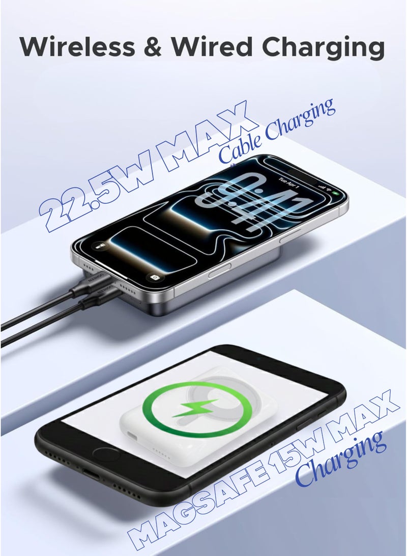 LEDASON بنك طاقة MagSafe بسعة 10000 مللي أمبير مع حامل | شحن لاسلكي سريع بقوة 22.5 واط، منفذ USB-C، بطارية مغناطيسية - متوافق مع أجهزة iPhone 16-12 وSamsung S25-S23 وغيرها | أبيض - Image 4