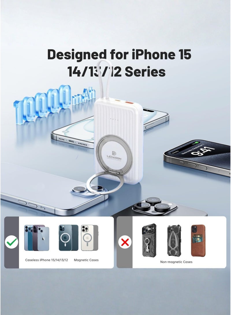 LEDASON بنك طاقة MagSafe بسعة 10000 مللي أمبير مع حامل | شحن لاسلكي سريع بقوة 22.5 واط، منفذ USB-C، بطارية مغناطيسية - متوافق مع أجهزة iPhone 16-12 وSamsung S25-S23 وغيرها | أبيض - Image 2