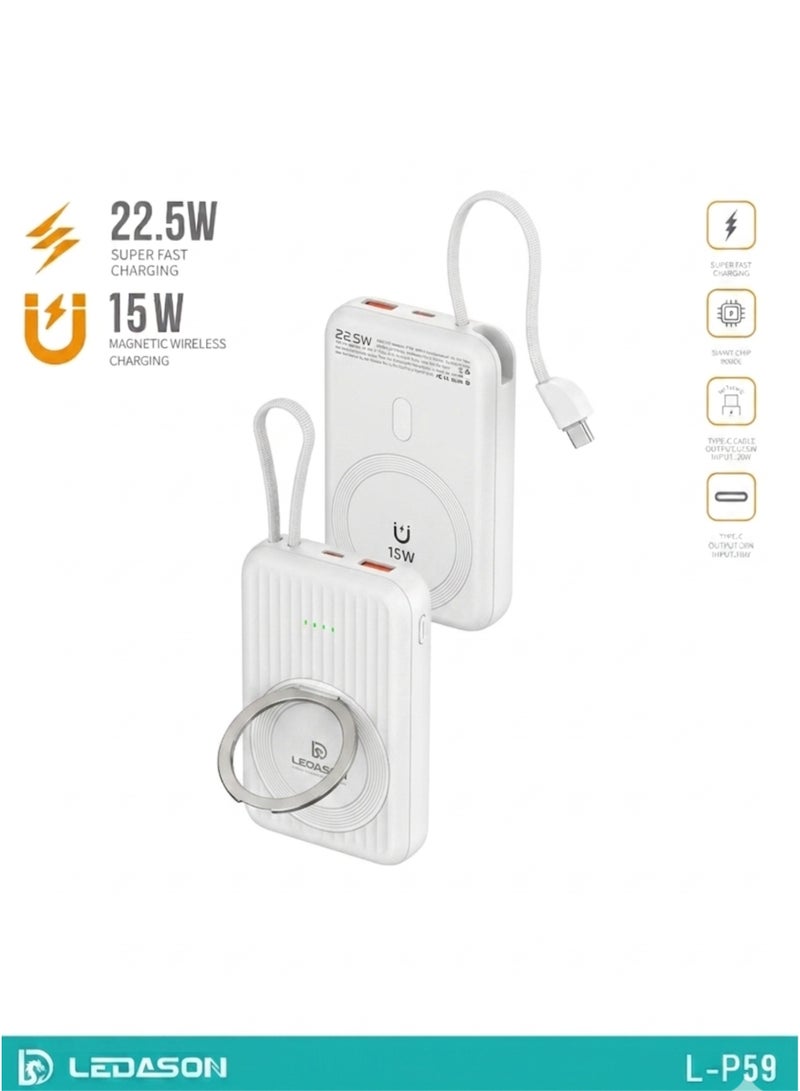 LEDASON بنك طاقة MagSafe بسعة 10000 مللي أمبير مع حامل | شحن لاسلكي سريع بقوة 22.5 واط، منفذ USB-C، بطارية مغناطيسية - متوافق مع أجهزة iPhone 16-12 وSamsung S25-S23 وغيرها | أبيض - Image 3