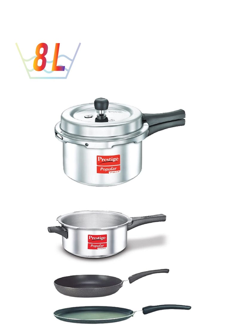 8Liters Prestige Kitchen Starter Pack (Popular Svachh 5 Ltr + 3 Ltr Body + Fry Pan 200mm + Tawa 275mm) Silver/Black