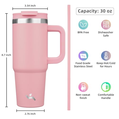 Konokyo 30 oz Tumbler with Handle and 2 Straws,2 in 1 Lid Insulated Water Bottle Stainless Steel Travel Coffee Mug,Pink - Image 4