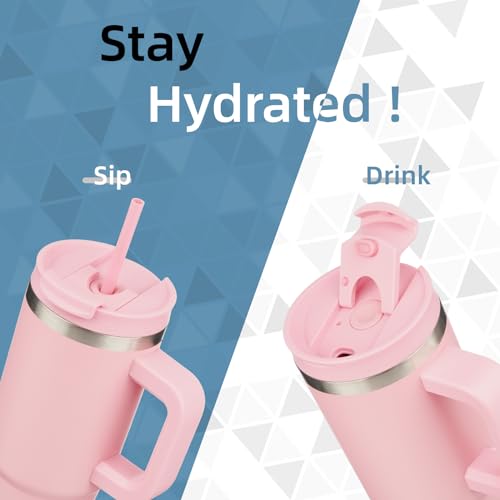 Konokyo 30 oz Tumbler with Handle and 2 Straws,2 in 1 Lid Insulated Water Bottle Stainless Steel Travel Coffee Mug,Pink - Image 2