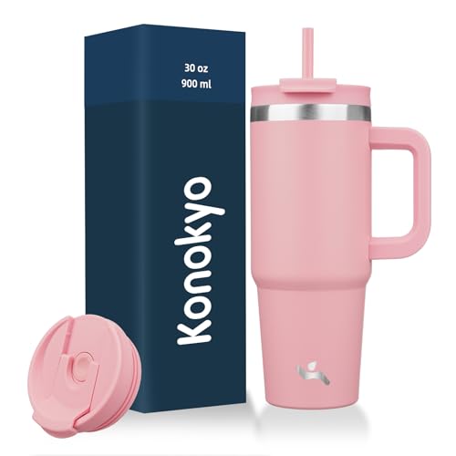 Konokyo 30 oz Tumbler with Handle and 2 Straws,2 in 1 Lid Insulated Water Bottle Stainless Steel Travel Coffee Mug,Pink - Image 1