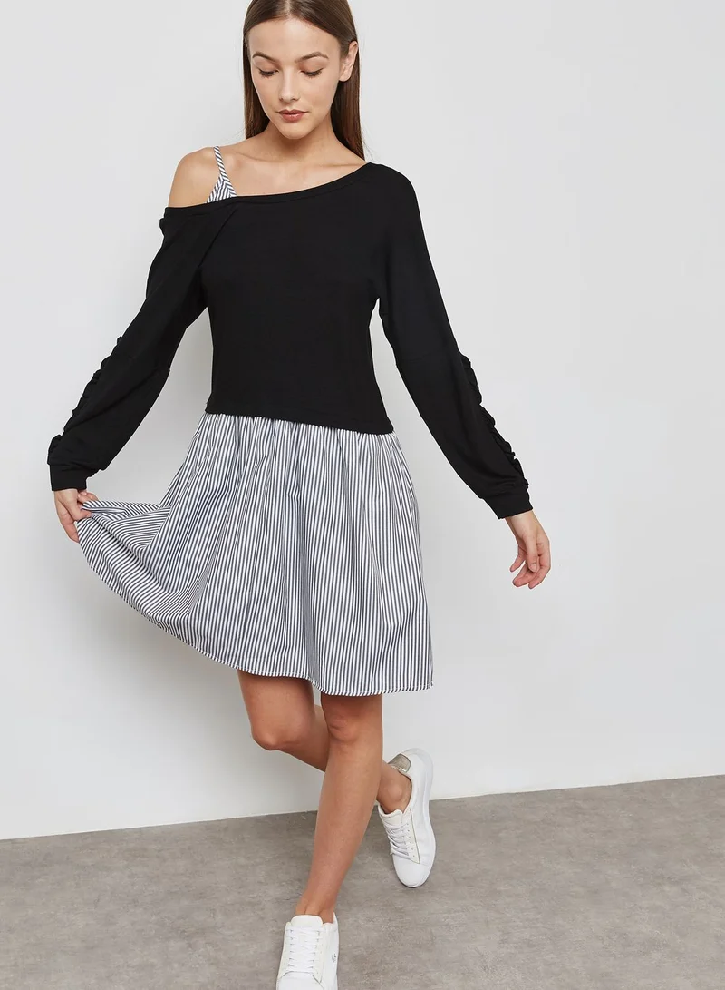 Ginger Striped One Side Cold Shoulder Dress