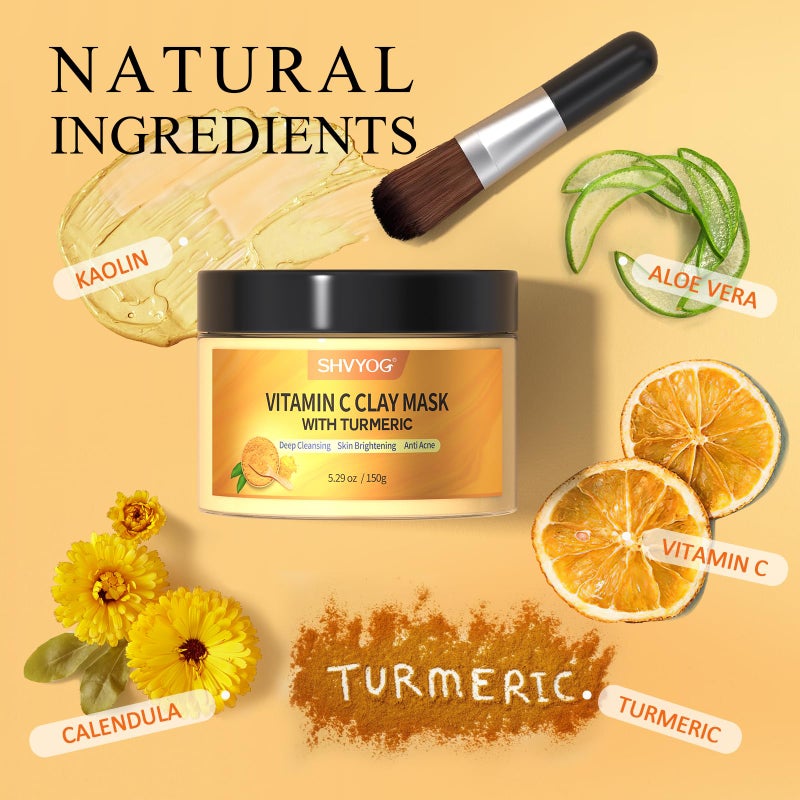 SHVYOG Turmeric Vitamin C Clay Mask with Kaolin Clay for Dull Skin, Deep Cleansing, Face Masks Skincare for Controlling Oil and Refining Pores 5.29 Oz 150g - Image 2
