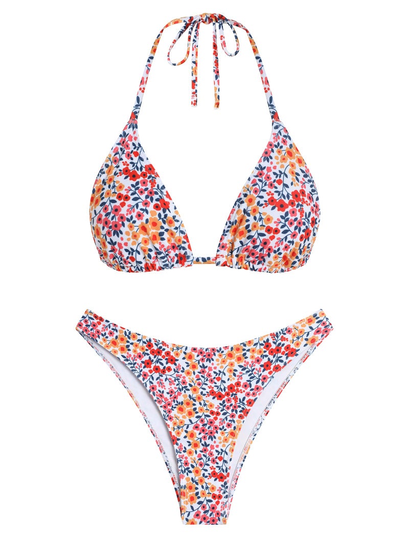 ZAFUL Womens Halter Bikini Sets Triangle Bikinis High Cut Swimsuits 2 Piece Bathing Suits Sexy Swimwear Floral 0-Pink S - Image 4