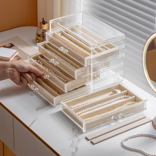 YUFONG Necklace Holder Organizer, Dustproof Necklace Box Velvet Necklace Organizer Box with Lid Clear Acrylic Dustproof Stackable Jewelry Displays for Necklaces Chain Display (Beige, 5 Drawer) - Image 2