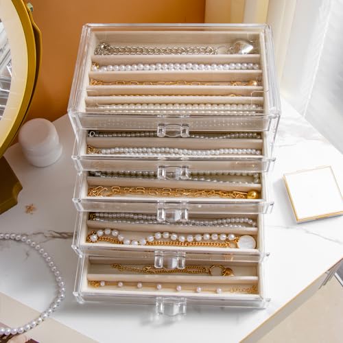 YUFONG Necklace Holder Organizer, Dustproof Necklace Box Velvet Necklace Organizer Box with Lid Clear Acrylic Dustproof Stackable Jewelry Displays for Necklaces Chain Display (Beige, 5 Drawer) - Image 5