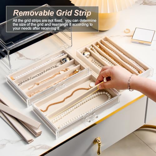 YUFONG Necklace Holder Organizer, Dustproof Necklace Box Velvet Necklace Organizer Box with Lid Clear Acrylic Dustproof Stackable Jewelry Displays for Necklaces Chain Display (Beige, 5 Drawer) - Image 3