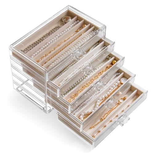 YUFONG Necklace Holder Organizer, Dustproof Necklace Box Velvet Necklace Organizer Box with Lid Clear Acrylic Dustproof Stackable Jewelry Displays for Necklaces Chain Display (Beige, 5 Drawer) - Image 1