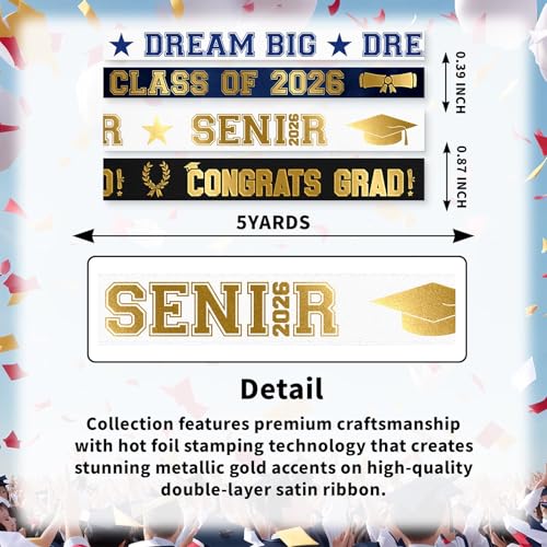 YKW Class of 2026 Graduation Satin Ribbon 4 Pack, Gold Foil Royal Blue Satin Ribbons (7/8" & 3/8" x 5 Yards Each) Senior 2026 Grad Party Decorations, Gift Wrapping & Ceremony Supplies - Image 2