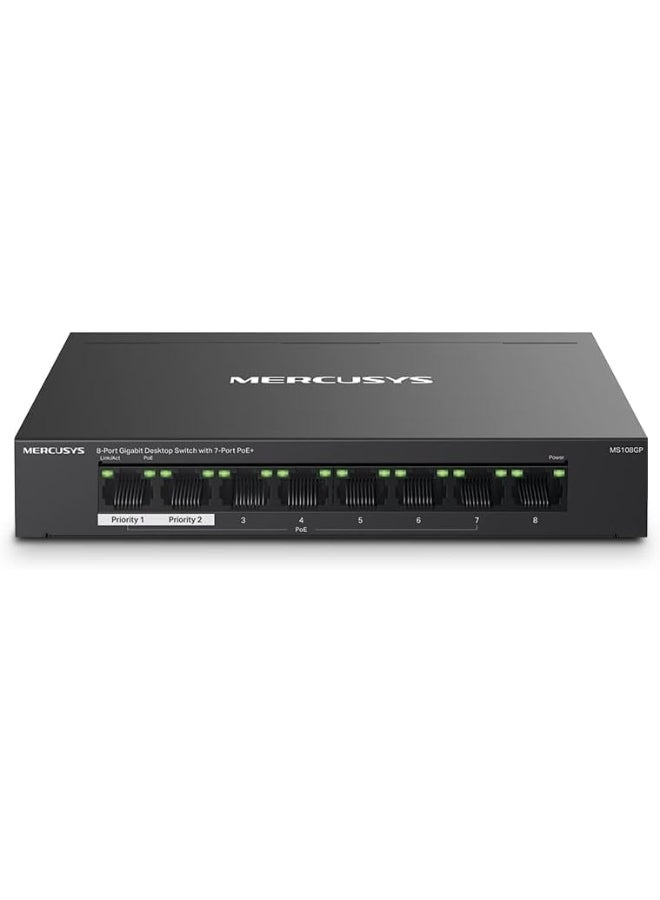 ميركوسيس 8-Port Gigabit Desktop Switch with 7-Port PoE+ 
PORT: 7× Gigabit PoE+ Ports, 1× Gigabit Non-PoE Ports
SPEC: Compatible with 802.3af/at PDs, 65 W PoE Power, Desktop Steel Case, Wall Mounting
FEATURE: Extend Mode for 250m PoE Transmitting, Priority Port1-2, Isolation Mode, Plug and Play Black - Image 1