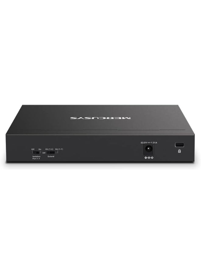 ميركوسيس 8-Port Gigabit Desktop Switch with 7-Port PoE+ 
PORT: 7× Gigabit PoE+ Ports, 1× Gigabit Non-PoE Ports
SPEC: Compatible with 802.3af/at PDs, 65 W PoE Power, Desktop Steel Case, Wall Mounting
FEATURE: Extend Mode for 250m PoE Transmitting, Priority Port1-2, Isolation Mode, Plug and Play Black - Image 3