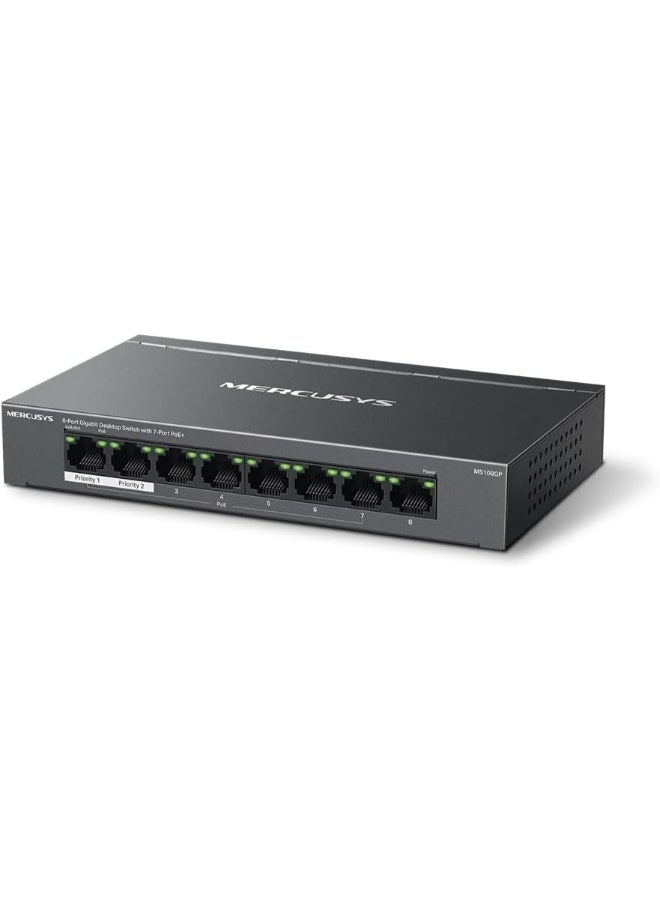ميركوسيس 8-Port Gigabit Desktop Switch with 7-Port PoE+ 
PORT: 7× Gigabit PoE+ Ports, 1× Gigabit Non-PoE Ports
SPEC: Compatible with 802.3af/at PDs, 65 W PoE Power, Desktop Steel Case, Wall Mounting
FEATURE: Extend Mode for 250m PoE Transmitting, Priority Port1-2, Isolation Mode, Plug and Play Black - Image 2