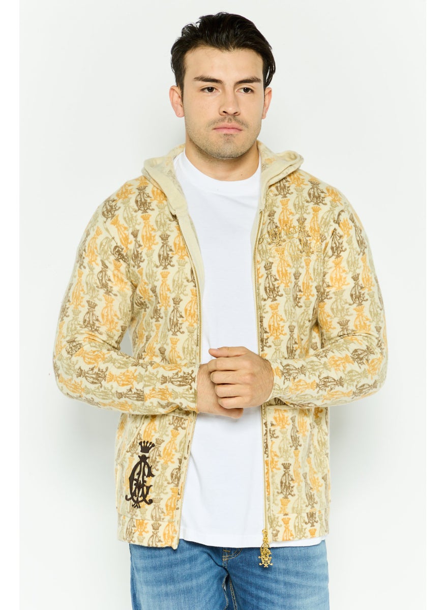 CHRISTIAN AUDIGIER Men Allover Print Long Sleeve Hooded Sweatshirt, Beige Combo  - Image 1
