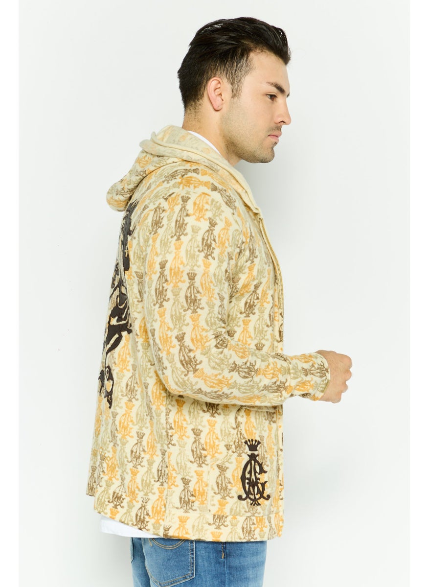 CHRISTIAN AUDIGIER Men Allover Print Long Sleeve Hooded Sweatshirt, Beige Combo  - Image 3