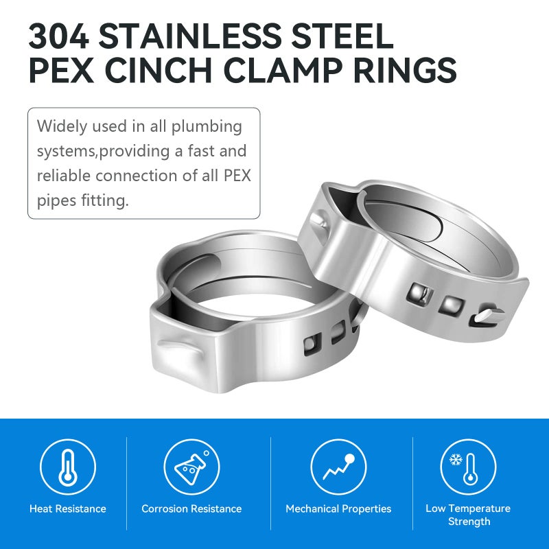 Guofis 100 Pack 1/2 Inch Pex Cinch Clamp Rings Premium 304 Stainless Steel Pex Crimp Ring Pex Fitting Clamps Pinch Ring For Pex Tubing Pipe Fittings Connection - Image 3