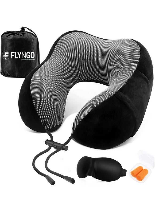 FLYNGO FLYNGO Memory Foam Neck Pillow for Travel Neck Support Pillow with Rest Eye Mask, Noise Isolating Ear Plugs Portable Combo (Black, pack of 1)  - Image 1