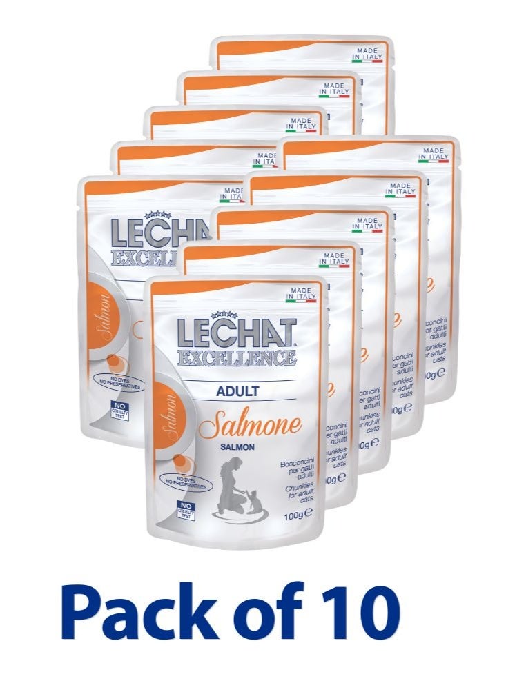 LeChat Excellence by Monge | Adult Cat Wet Food | with Tasty Salmon Chunkies in Sauce | Supports Hydration & Palatability | 100g Pouch | Made in Italy | Pack of 10