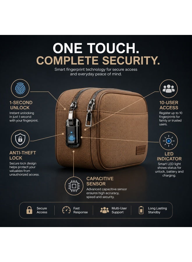 GREEN LION Valencia Fingerprint Bag, Smart Fingerprint Lock Storage Bag with 10-User Access, USB-C Charging, Water Resistant PU Leather Travel Organizer, Anti-Theft Security Pouch with LED Indicator - Image 4