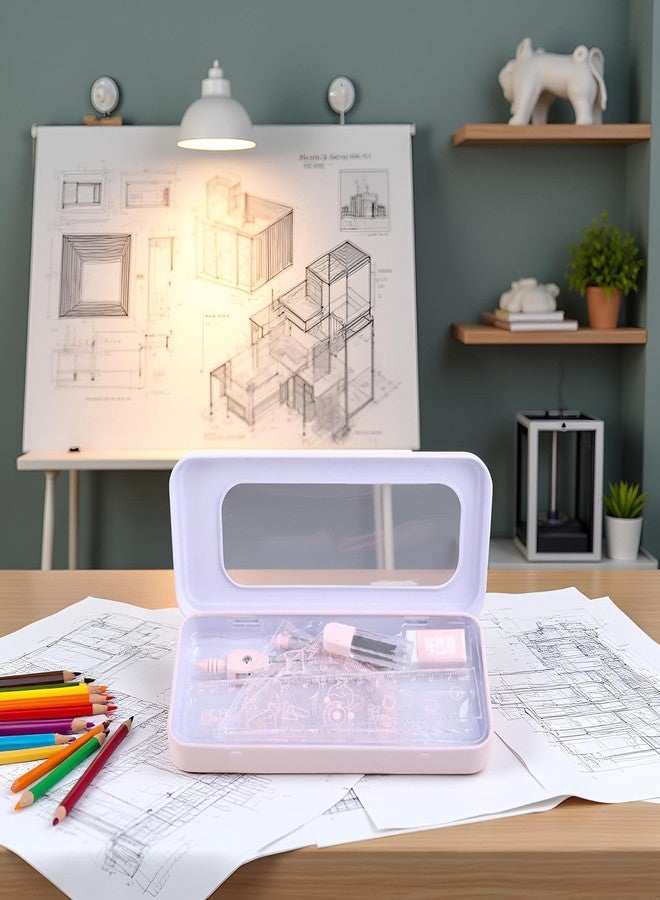 Rosojodg مجموعة أدوات رسم هندسية متعددة الأغراض مكونة من 7 قطع، تتضمن بوصلة ومنقلة وردية اللون، مع صندوق محمول، مناسبة للأولاد والبنات. - Image 2