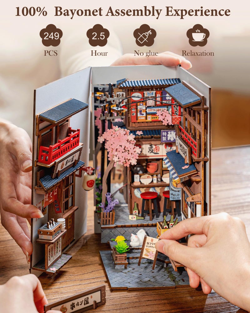 Rolife Book Nook Kit Sakura Wine Alley, 3D Wooden Puzzle Booknook for Bookshelf Decor, Japanese-Inspired Sakura Theme Creative DIY Miniature Dollhouse Kit, Crafts Gifts for Adults, Teens & Book Lovers - Image 5