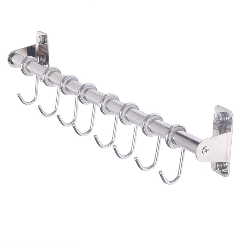 Dseap Kitchen Utensil Holder Hanger Pot and Pan Rack wall mount Kitchen Rail with 8 Hooks for Hanging Cooking Utensils Mugs Spoons Wall Mounted Stainless Steel Chromed