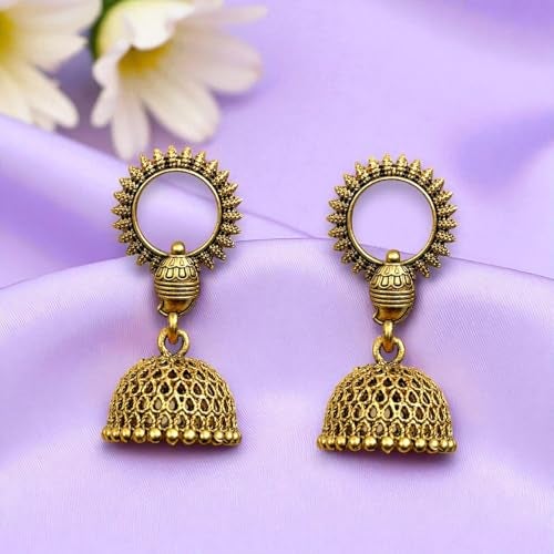 AccessHer Traditional Oxidised Golden Jhumka Earrings | Afghani Inspired Jewellery, Small Size Jhumki | Lightweight Jhumka Earrings for Women & Girls (Design 3) - Image 3