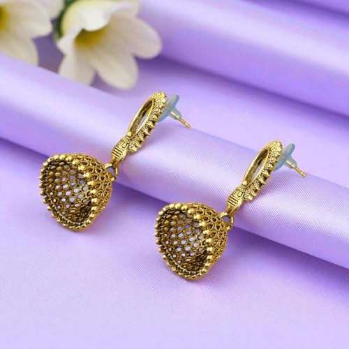 AccessHer Traditional Oxidised Golden Jhumka Earrings | Afghani Inspired Jewellery, Small Size Jhumki | Lightweight Jhumka Earrings for Women & Girls (Design 3) - Image 4