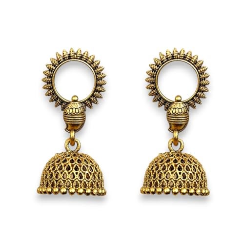 AccessHer Traditional Oxidised Golden Jhumka Earrings | Afghani Inspired Jewellery, Small Size Jhumki | Lightweight Jhumka Earrings for Women & Girls (Design 3) - Image 1