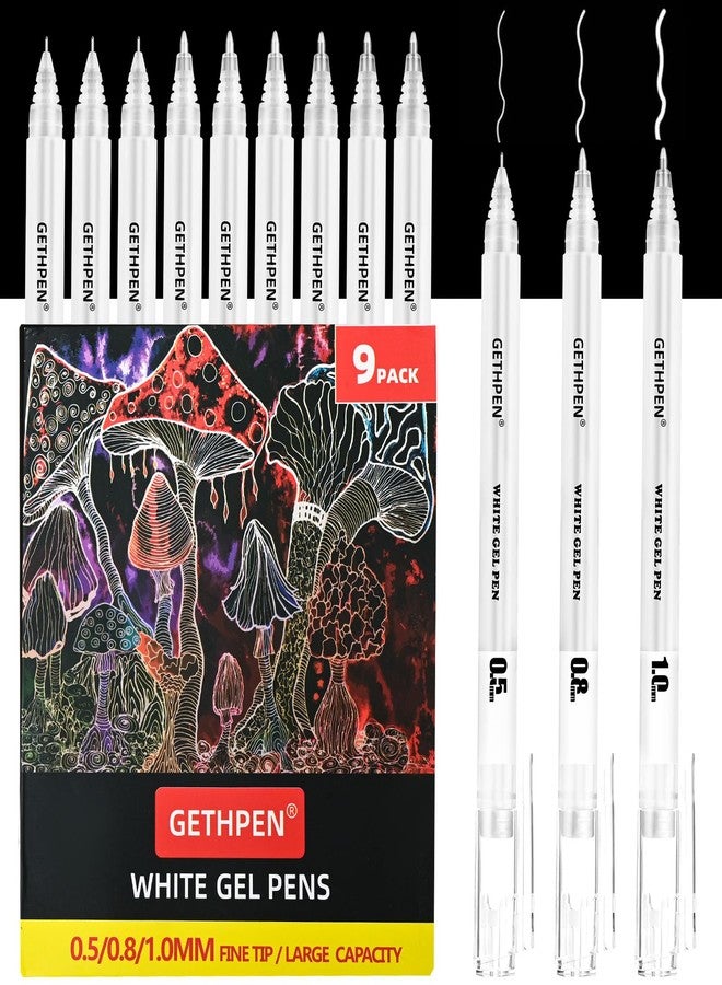 GETHPEN White Gel Pens 9-Pack - 0.5mm/0.8mm/1.0mm Fine Tip for Black Paper Art, Bullet Journals & Card Making - Opaque Ink Set for Sketching, Drawing & Holiday Crafts - Image 1