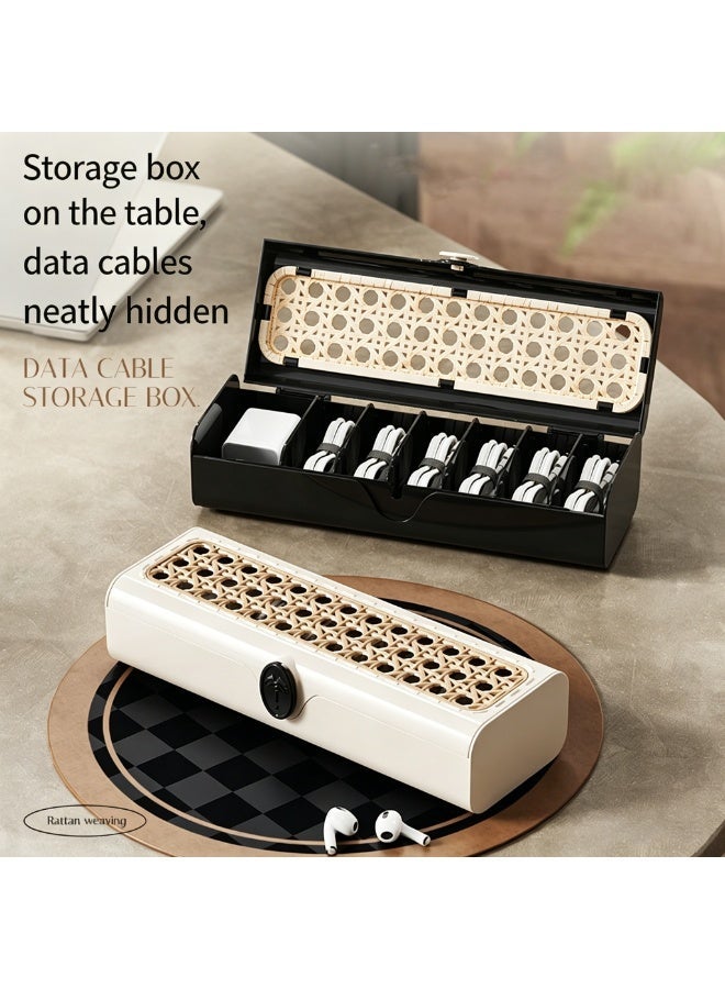 2-Pack Retro Rattan Style Data Cable Storage Boxes for Desktop - White & Black - Image 5