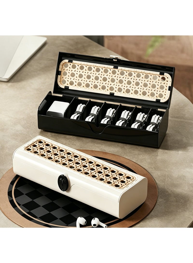 2-Pack Retro Rattan Style Data Cable Storage Boxes for Desktop - White & Black - Image 1