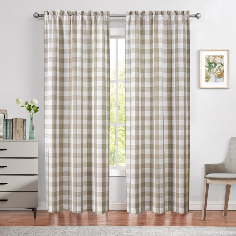 Bapawfish beige بيضاء بوفالو منقوشة نصف الستائر الشفوية 72 بوصة تان المزرعة المزرعة غينغهام الدقم الستائر محكم ترشيح ضوء معالجة نافذة غرفة نوم قضيب غرفة المعيشة 40 "WX72 LX2 - Image 1