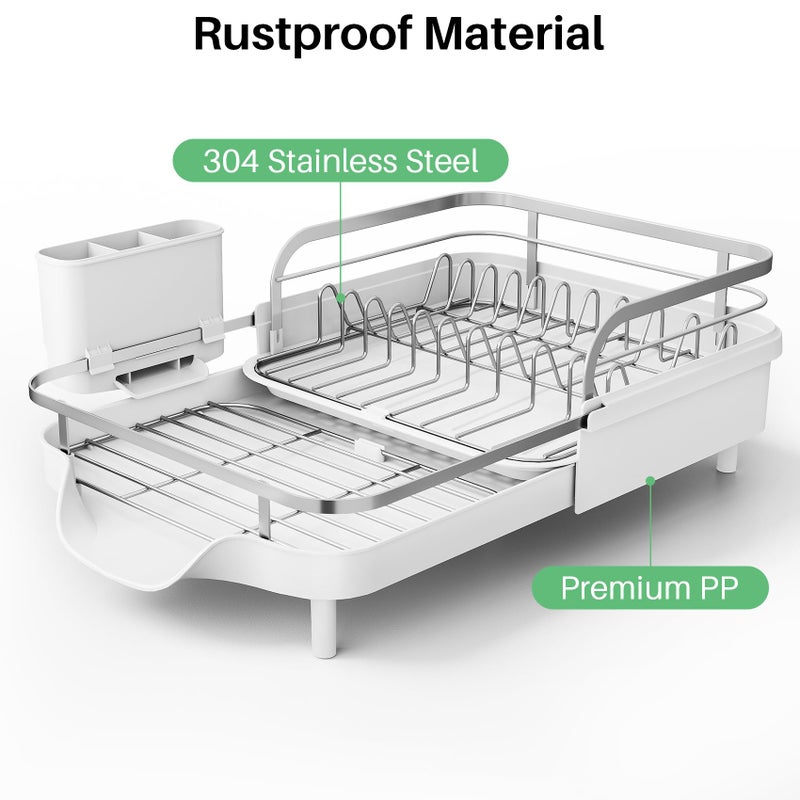 SNTD Dish Drying Rack, Expandable Dish Rack for Kitchen Counter, Stainless Steel Dish Drainer with Drainboard Set and Utensil Holder (White) - Image 4