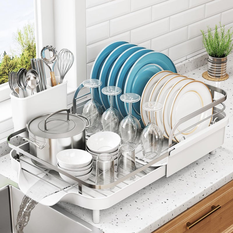 SNTD Dish Drying Rack, Expandable Dish Rack for Kitchen Counter, Stainless Steel Dish Drainer with Drainboard Set and Utensil Holder (White) - Image 1