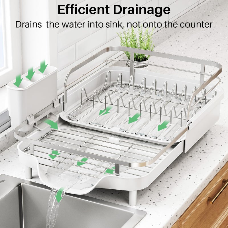 SNTD Dish Drying Rack, Expandable Dish Rack for Kitchen Counter, Stainless Steel Dish Drainer with Drainboard Set and Utensil Holder (White) - Image 3