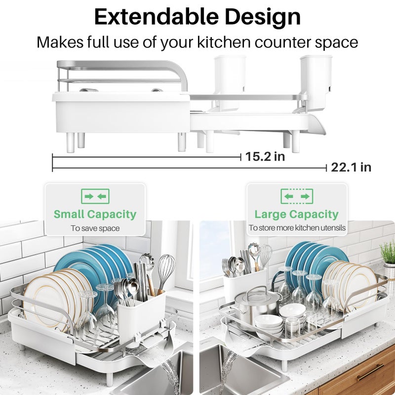 SNTD Dish Drying Rack, Expandable Dish Rack for Kitchen Counter, Stainless Steel Dish Drainer with Drainboard Set and Utensil Holder (White) - Image 2