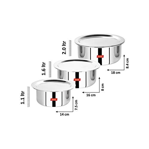 Sumeet Cook Smart Triply Stainless Steel-Aluminium-Steel - 3 Layers Tope Set Of 3Pcs With Lid - No. 14 (1.1 LTR, 14Cm), No. 16 (1.6Ltr, 16Cm), No.18 (2Ltr, 18Cm), 2 Liter - Image 4