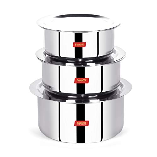 Sumeet Cook Smart Triply Stainless Steel-Aluminium-Steel - 3 Layers Tope Set Of 3Pcs With Lid - No. 14 (1.1 LTR, 14Cm), No. 16 (1.6Ltr, 16Cm), No.18 (2Ltr, 18Cm), 2 Liter - Image 1
