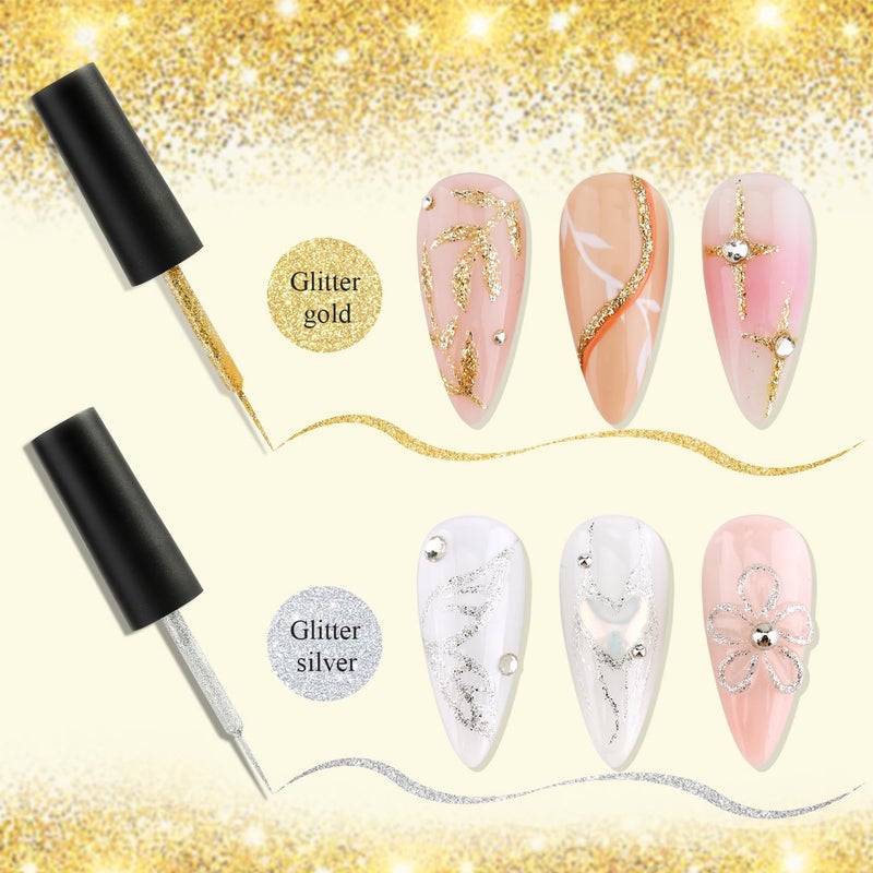 Fcozpjk Gel Liner Art Set 2PCS Sparkle Glitter Silver Gold Gel Polish 8ml Soak Off UV Painting with Built in Thin Nail Brush Swirl Nails Design Dotting Drawing French Manicure Tip Tool - Image 2