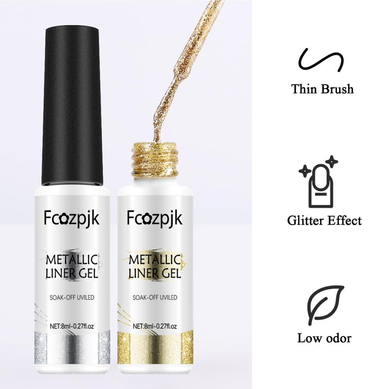 Fcozpjk Gel Liner Art Set 2PCS Sparkle Glitter Silver Gold Gel Polish 8ml Soak Off UV Painting with Built in Thin Nail Brush Swirl Nails Design Dotting Drawing French Manicure Tip Tool - Image 3