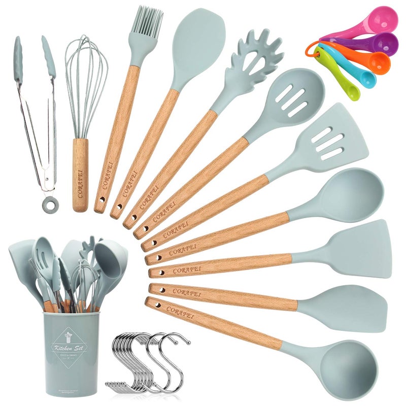 ELECTRAPICK Kitchen Utensil Set Silicone Cooking Utensils  27 Pieces Cooking Spatula Turner Heat Resistant Tools with Wooden Handle for Nonstick Non Scratch Cookware  Best Kitchen Tool Gadgets