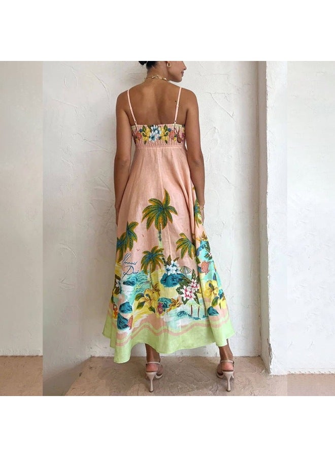 HongSheng Summer New Elegant Beach Style Print High-waist Flowy Strapless Dress Women - Image 4